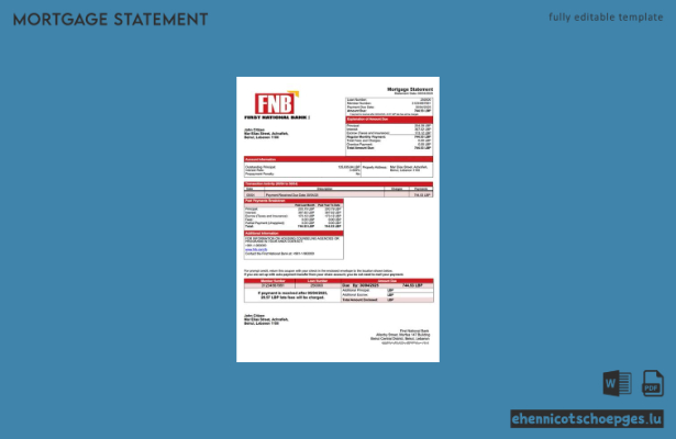 Beispiel eines Hypothekenauszugs der Lebanon First National Bank (Word- und PDF-Datei)